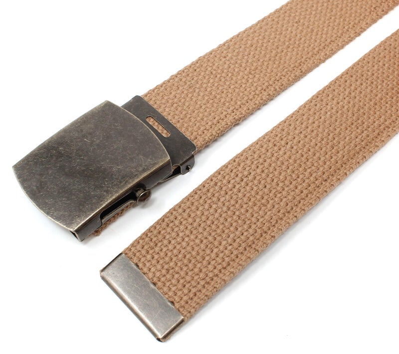 BC Belts Canvas Web Belt Military Style with Antique Brass Buckle and Tip 50" Long (Light Brown) - Image 4